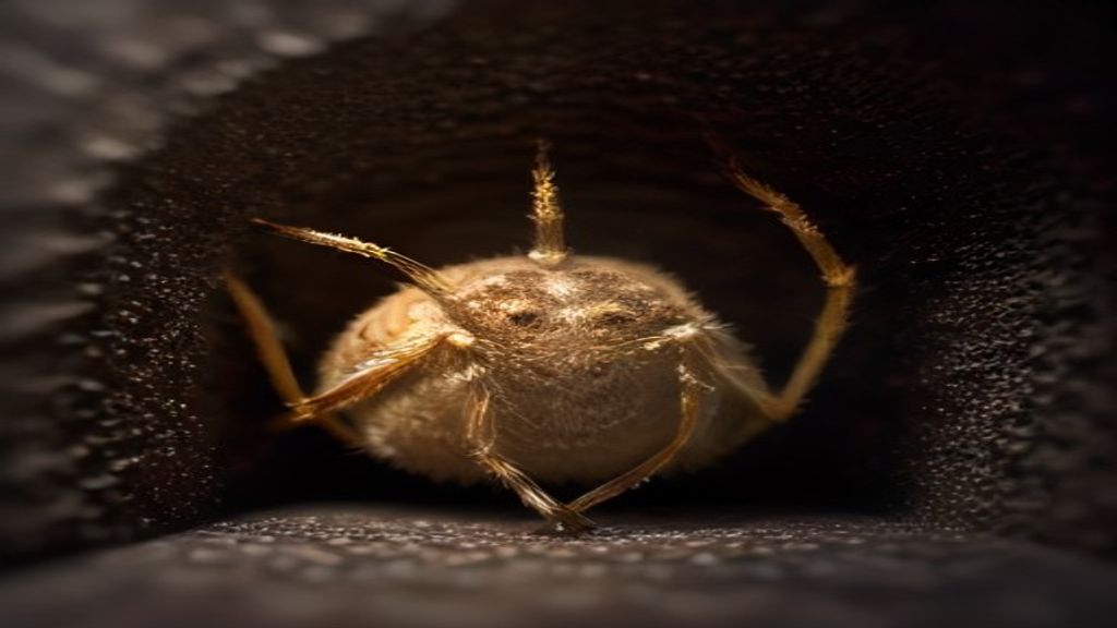 Una araña casera común en su tela, lejos de las camas